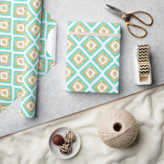 Goud & Turquoise geometrisch Ikat-patroon Cadeaupapier (Crafts)