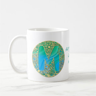 Goud, Turquoise letter M en Kleurrijke Bloemen Koffiemok