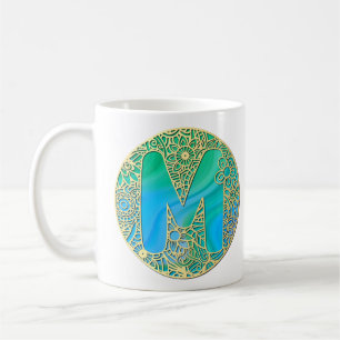 Goud, Turquoise Monogram M en Kleurrijke Bloemen Koffiemok