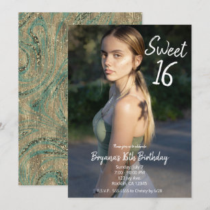 Goud Turquoise Werveling Modern Foto Sweet 16 Fees Kaart
