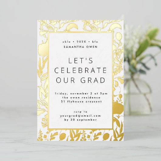 Goud van geperste lederen van wild-bladerbladeren folie uitnodiging (Staand Voorkant)