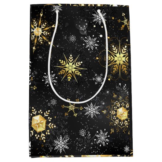 Goud van zwarte sneeuwvlokken met kerstmis medium cadeauzakje (Voorkant)