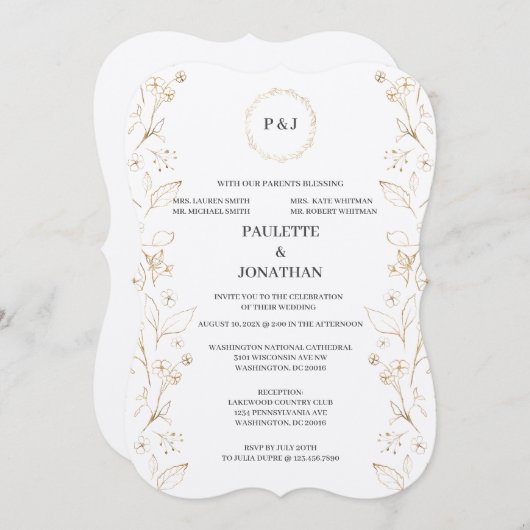 Goud verlaten elegante bruiloft uitnodiging (Voorkant / Achterkant)