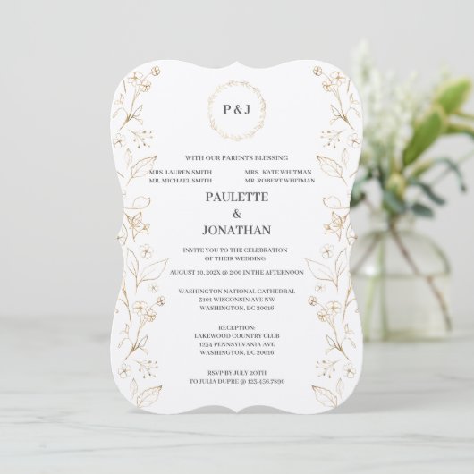 Goud verlaten elegante bruiloft uitnodiging (Staand voorkant)