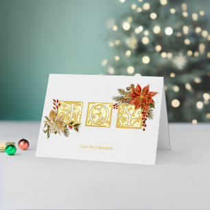 Goud Verlichte Vreugd Blok Letters w/Poinsettias Folie Feestdagenkaart