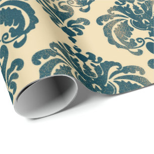 Goud & Vintage Blauw Rustiek Modern Glamour Damast Cadeaupapier