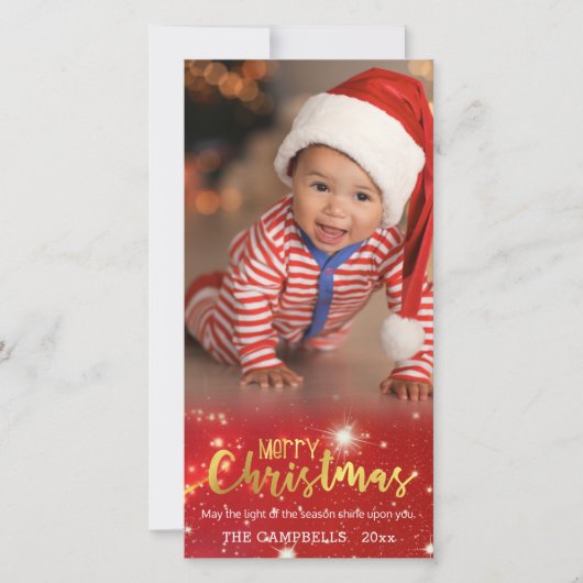 Goud Vrolijk Kerstfeest, Goud & Wit Licht Feestdagenkaart (Voorkant)