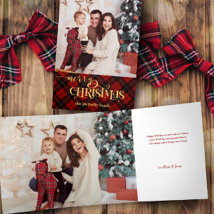 Goud Vrolijk Kerstfeest op Rode Tartan Foto Drieluik Kaart