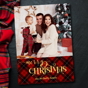 Goud Vrolijk Kerstfeest op Rode Tartan Foto Feestdagenkaart