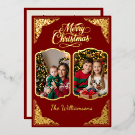Goud Vrolijk Kerstfeest, twee foto's, rood, Goud Folie Feestdagenkaart