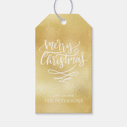 Goud Vrolijk Kerstmis Script Kerstbomen Cadeaulabel (Voorkant)