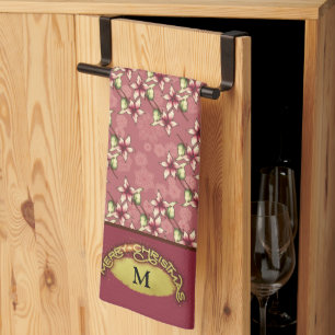 Goud Vrolijk Kerstrood Poinsettia Monogrammed Theedoek