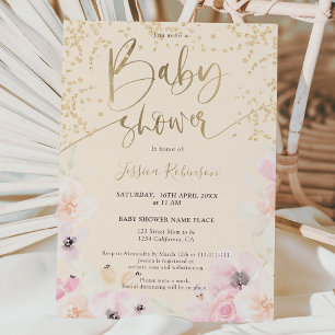 Goud waterverf girale roze baby shower kaart