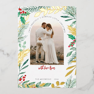 Goud & Waterverf Loof Nieuwgetrouwd Kerst Foto Folie Feestdagenkaart