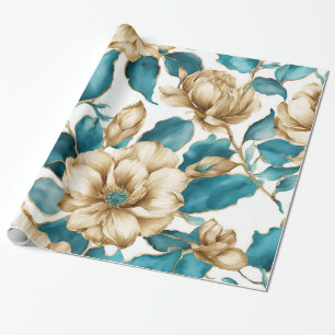  Goud Wit Blauwgroen Bloemen Patroon Cadeaupapier