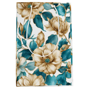 Goud Wit Blauwgroen Bloemen Patroon Medium Cadeauzakje