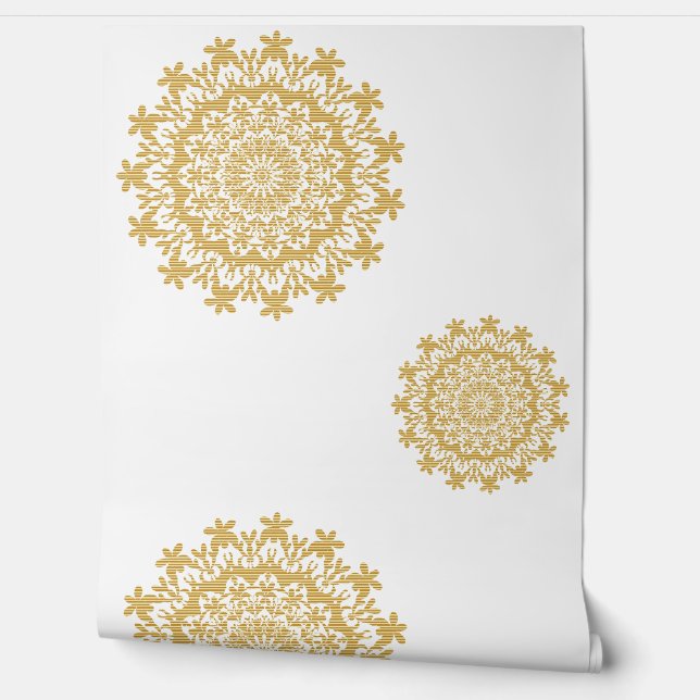 Goud Wit Bloemen Abstract Mandala Behang (Afrollen)