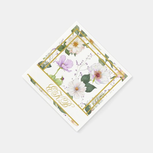 Goud Wit Bloemen Elegant Modern Monogram Servet (Hoek)