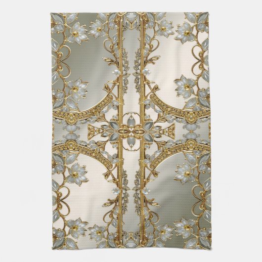 Goud  Wit Bloemen Keuken Handdoeken (Verticaal)