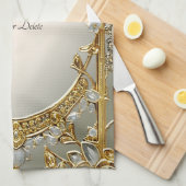 Goud Wit Bloemen Keuken Handdoeken (Quarter Fold)