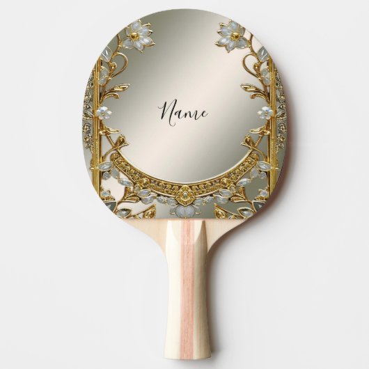 Goud  Wit Bloemen Ping Pong Paddle Tafeltennisbatje (Voorkant)