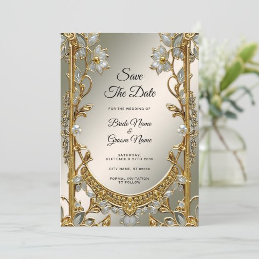Goud Wit Bloemen Save The Date (Staand voorkant)