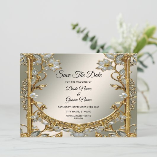 Goud Wit Bloemen Save The Date (Staand voorkant)
