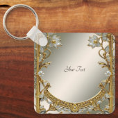 Goud  Wit Bloemen Sleutelhanger (Voorkant)