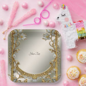 Goud  wit bloemenpapier Bord (Feest)