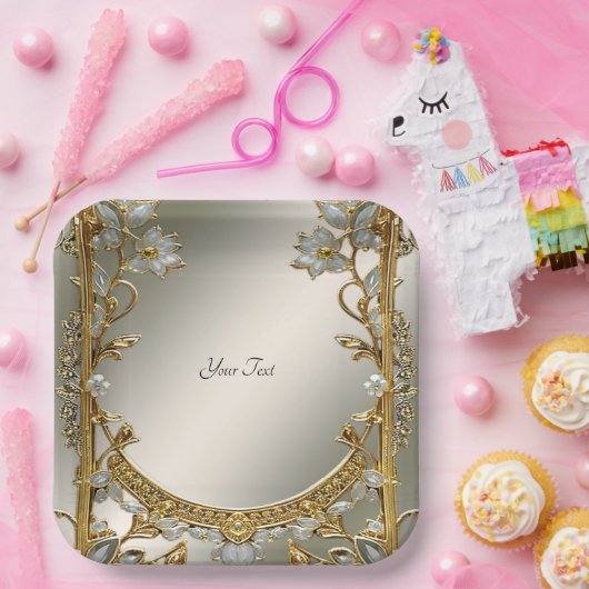 Goud  wit bloemenpapier Bord (Feest)