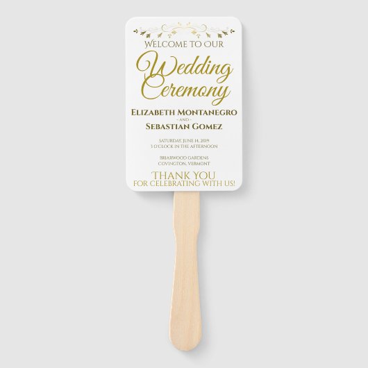 Goud & Wit Elegant Bloeiend Huwelijksprogramma Handwaaier (Voorkant)