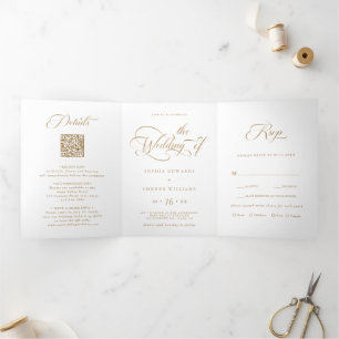 Goud & Wit Elegant Charm Script Trouwen Drieluik Uitnodiging