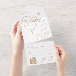 Goud & Wit Elegante Classy Calligraphy Wedding All In One Uitnodiging