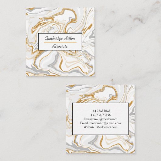 Goud, wit en grijs marmer vierkante visitekaartje (Voorkant / Achterkant)