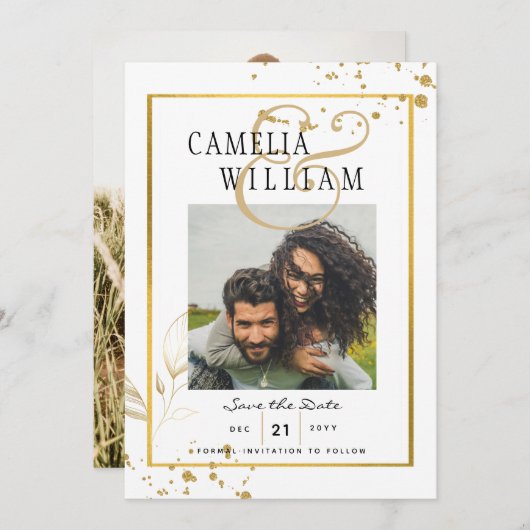 GOUD WIT FOTO Trouwset Modern Klassiek Kaart (Voorkant / Achterkant)