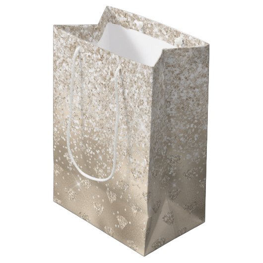 Goud Wit Glitter Diamanten Medium Cadeauzakje (Voorkant Gekanteld)