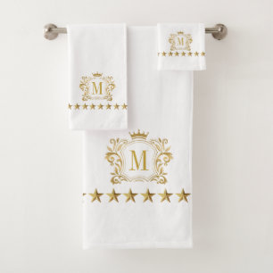 Goud Wit Royal Scrolls Crown Crest Monogram Bad Handdoek