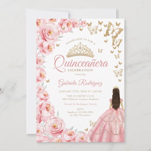 Goud Wit Roze Bloemen Quinceanera Kaart (Voorkant)