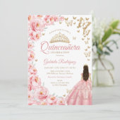 Goud Wit Roze Bloemen Quinceanera Kaart (Staand voorkant)