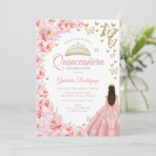 Goud Wit Roze Bloemen Quinceanera Kaart (Staand voorkant)