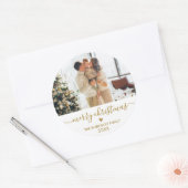 Goud Wit Script Familie Foto Vrolijk Kerstfeest Ronde Sticker (Envelop)