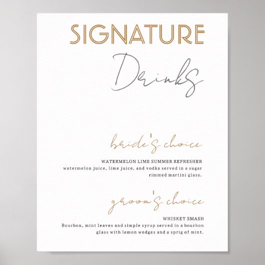 Goud & Wit Signature Drinken Bruiloft Bar Poster (Voorkant)