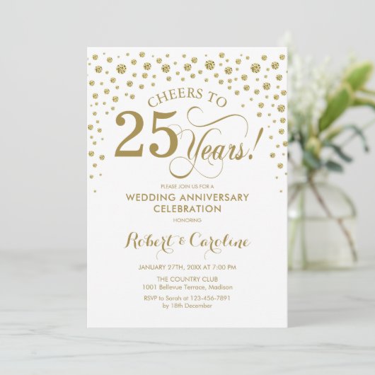 Goud Witte 25e Jubileum Uitnodiging (Staand voorkant)