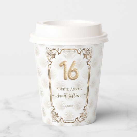 Goud Witte Art Deco Zoete 16e Verjaardag Papieren Bekers (Achterkant)