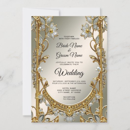 Goud Witte Bloemen Huwelijksuitnodiging Kaart (Voorkant)