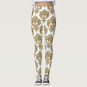 Goud & Witte Damast Chic Modern Elegant Patroon Leggings