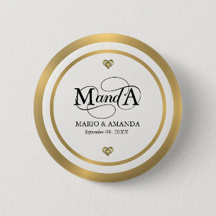 Goud Witte Gepersonaliseerde Trouw Monogram Ronde Button 5,7 Cm