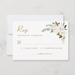 goud & witte magnolia bloem RSVP kaart