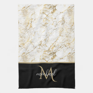 Goud & Witte Marmer met Zwarte Monogram  Theedoek