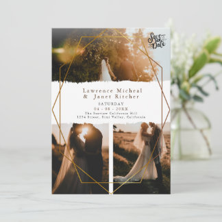 Goud witte minimalistische script 3 foto's trouwfe save the date